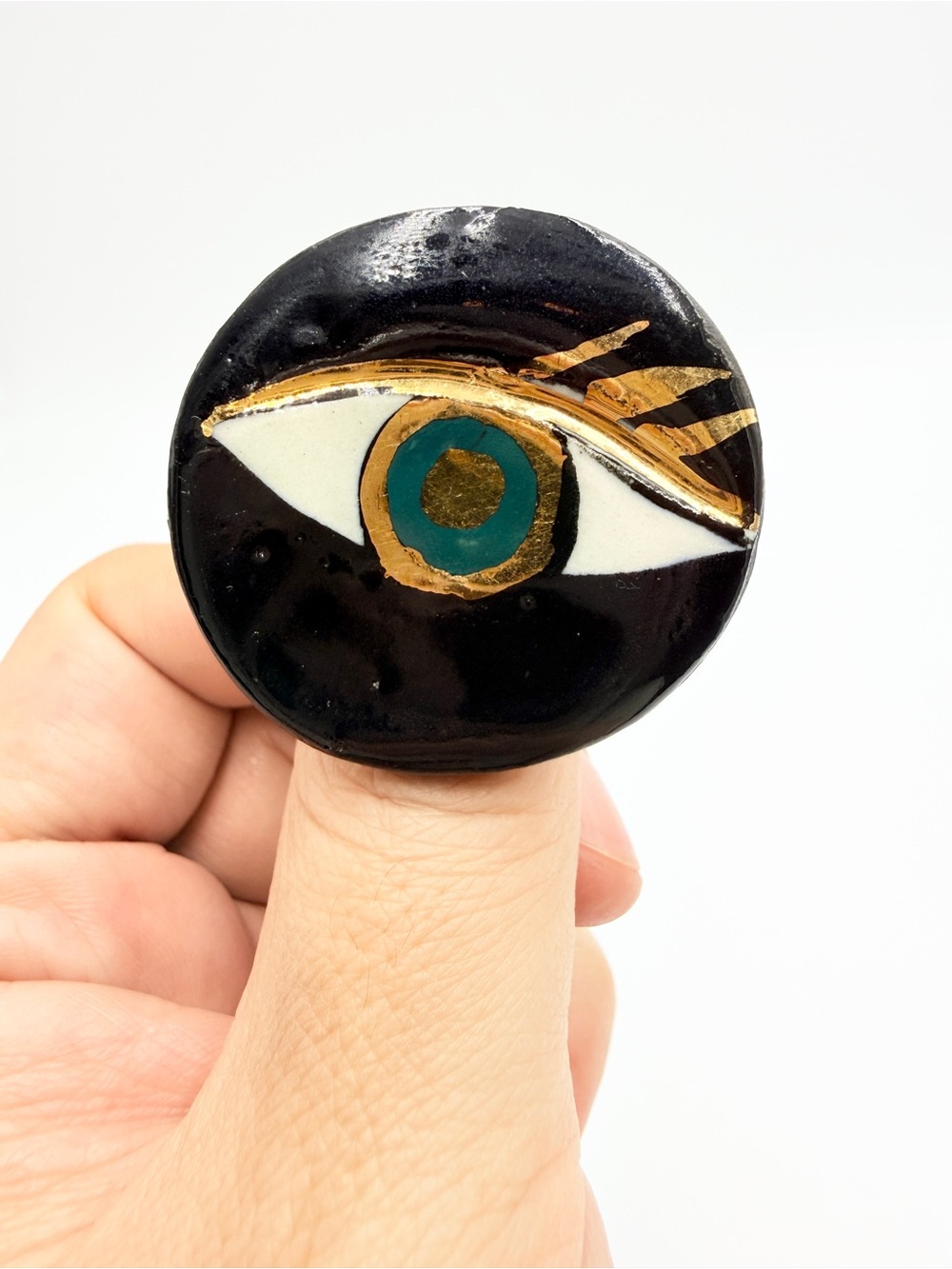 Handcrafted Evil Eye Adjustable Statement Ring Black & Gold Art Ring